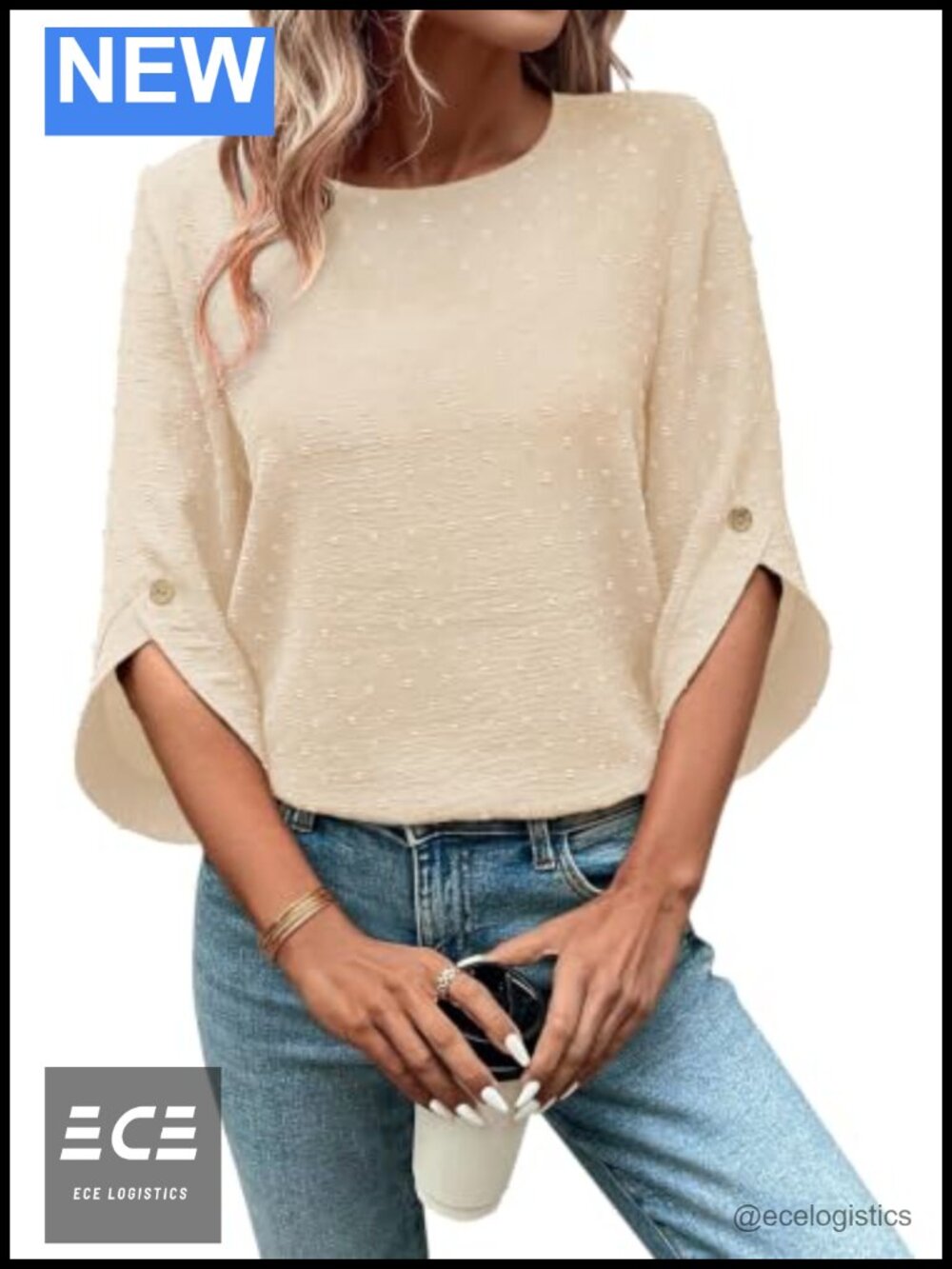 Swiss Dot 3/4 Sleeve Blouse Crew Neck Dressy Casual Top
